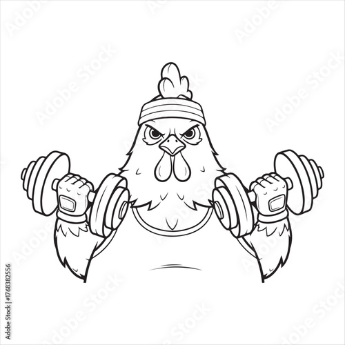 Chicken with dumbbells isolated on white background