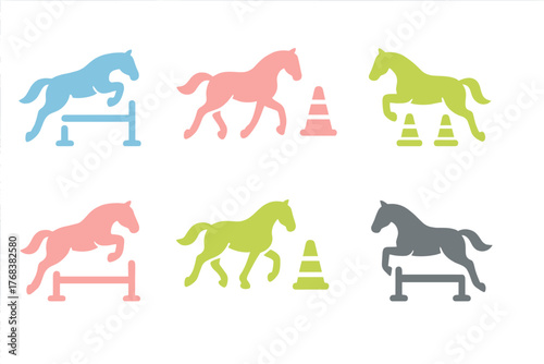 Stylized graphic silhouettes of horses jumping hurdles and maneuvering training cones