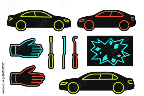 Neon style set showing car theft tools, broken glass, hands, and vehicle silhouettes for crime concepts