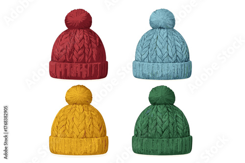 Four colorful knitted winter hats with pom-poms in red blue yellow and green