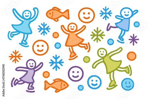 Seamless pattern with colorful stylized ice skaters snowflakes fish and happy faces