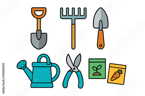 Set of essential gardening tools including shovel, rake, watering can, and seed packets
