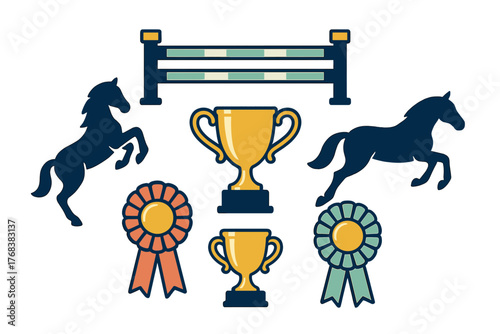 Set of equestrian competition awards, jumping horses, golden trophies, and prize ribbons