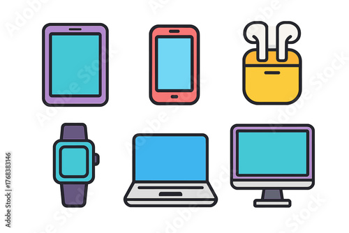 Set of colorful modern electronic devices including smartphone, tablet, laptop, monitor, and smartwatch