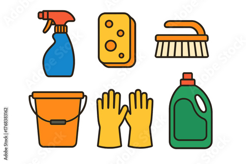 Colorful household cleaning tools collection including spray bottle and gloves