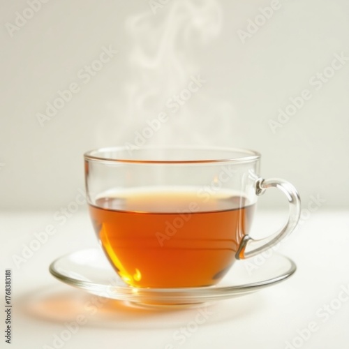 Té caliente humeante en una delicada taza de vidrio transparente