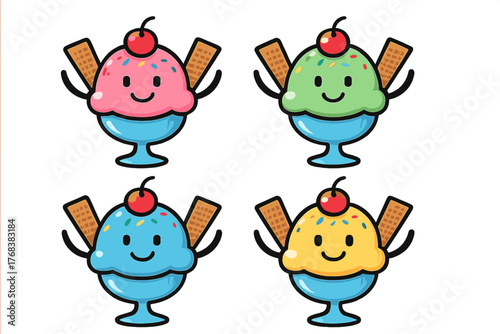 Four colorful happy ice cream sundaes with sprinkles and cherries in blue glass bowls