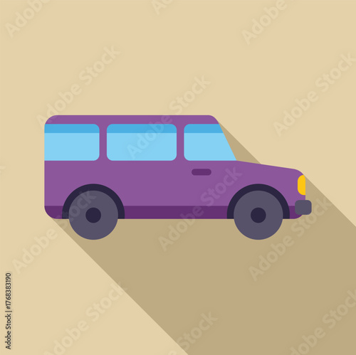 Passenger minivan parking with long shadow on beige background, urban transportation concept