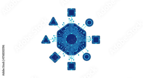 Abstract AI Processor Icon with Neural Network Connections and Geometric Data Nodes