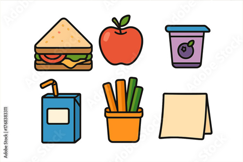 Common school lunch and picnic food items including sandwich, apple, yogurt, and juice box