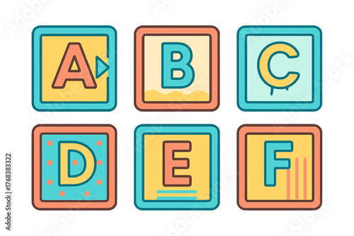 Set of six colorful square blocks displaying capital letters A B C D E F for early childhood education