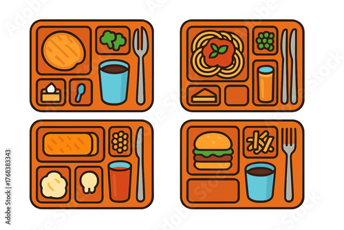 Four different institutional meal trays featuring various lunch and dinner food options