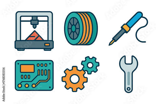 Set of technical symbols representing engineering, manufacturing, and technology concepts like 3D printing and electronics