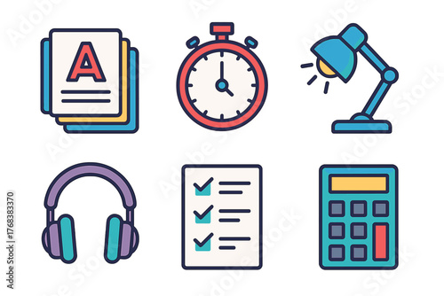 Essential academic tools including a stopwatch, desk lamp, calculator, and study documents