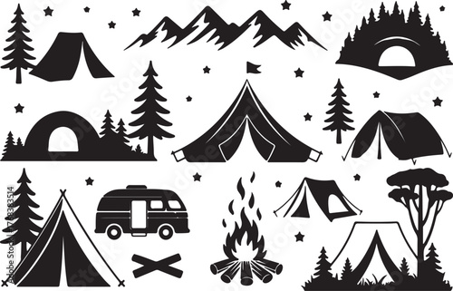 Camping Icons Set Vector Illustration Silhouette