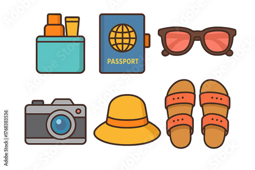 Summer travel essentials collection including passport, camera, sunglasses, and sandals