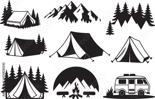 Camping tents mountains campfire vector design