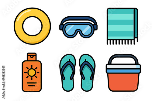 Colorful summer beach essentials: life buoy, swimming goggles, striped towel, sunscreen, sandals, cooler