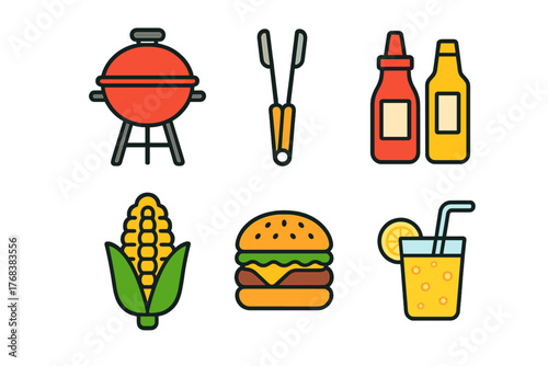 Collection of barbecue and picnic food items including grill, hamburger, corn, tongs, and condiments