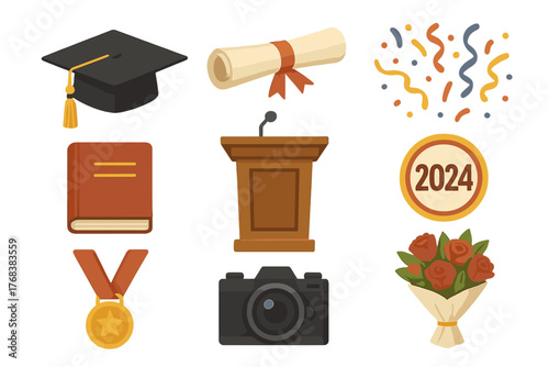 Academic commencement ceremony items with graduation cap, rolled diploma, podium, and achievement medal