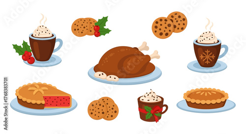 Holiday Feast Illustration Thanksgiving & Christmas Dishes with Cookies, Pie, & Festive Drinks