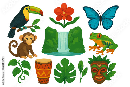 Colorful tropical jungle animals, exotic plants, waterfall, tribal mask, and drum set