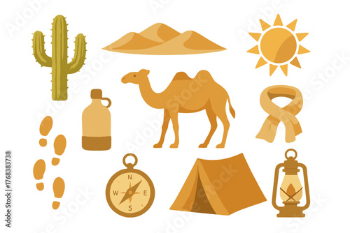 Desert survival and adventure elements including camel cactus sand dunes sun and camping equipment