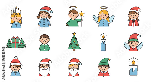 Collection of Christmas Icons Santa Claus, Angels, Snowman, Christmas Tree, and Gifts