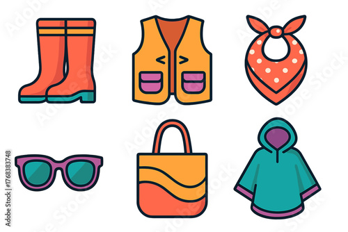 Colorful collection of outdoor and casual accessories: rain boots, fishing vest, bandana, sunglasses, tote bag, and poncho