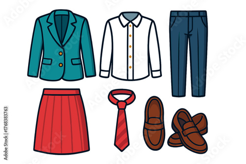 Professional business attire and school uniform elements including blazer, shirt, trousers, skirt, tie, and loafers