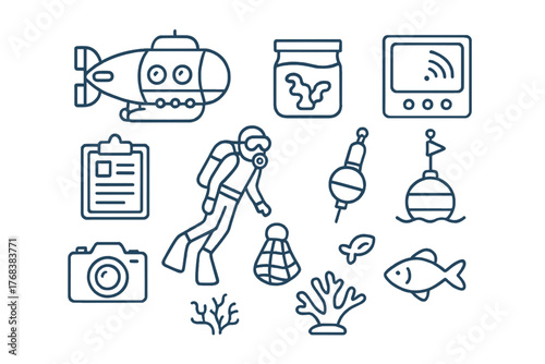 Outline symbols for deep sea diving, marine research, and underwater exploration