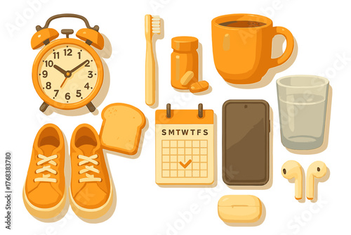Flat lay collection of objects representing a healthy morning routine and daily wellness schedule