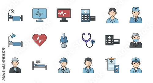 Collection of Medical Icons Hospital, Doctor, Medical Equipment, Healthcare, and Clinic Symbols