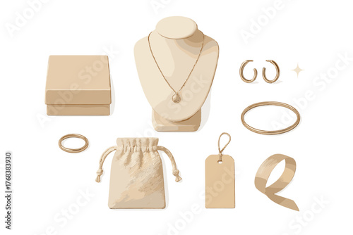 Luxury gold jewelry set with beige packaging elements including necklace display box and pouch mockup
