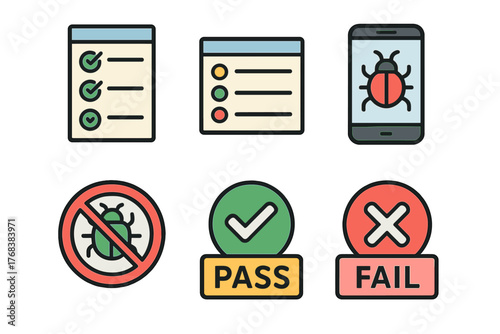 Quality assurance testing icons set with pass fail results, bug fixing, and mobile status indicators