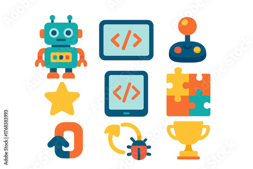 Colorful collection of icons representing technology, coding, gaming, success, and problem solving