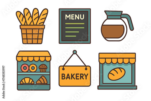Flat design elements for bakery and coffee shop including bread, menu board, and storefront signs