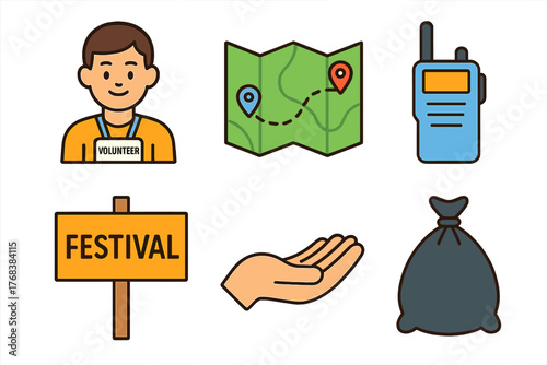 Set of icons for event management, volunteering, communication, and trash disposal