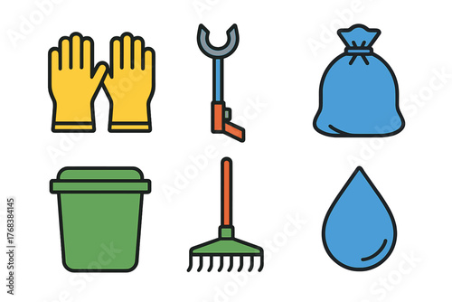 Colorful icons representing cleaning, gardening, waste management, and environmental protection tools