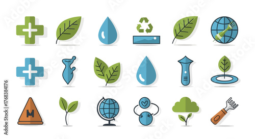 Colorful flat icon set symbolizing the intersection of nature, scientific innovation, healthcare, and environmental protection
