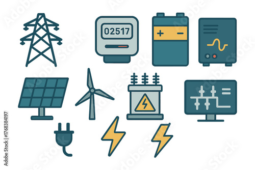 Essential energy icons: pylon, solar panel, battery, wind turbine, and electric meter