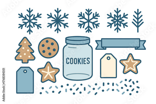 Winter holiday baking elements set with gingerbread cookies and snowflakes