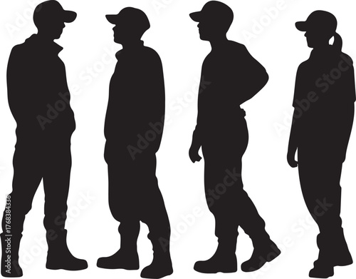 Silhouetted men wearing caps and boots