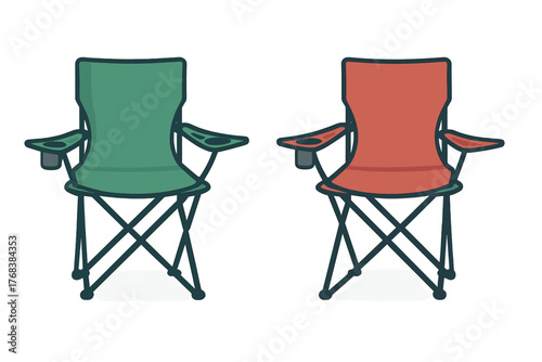 Two portable folding camping chairs, green and red, isolated on white