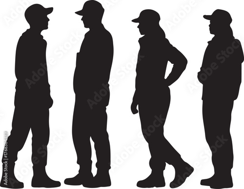 Silhouetted people wearing hats diverse poses