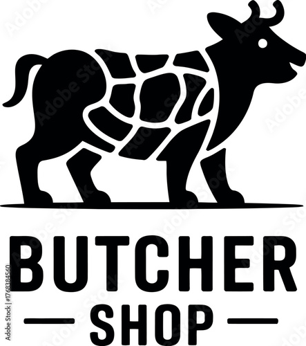 A black and white illustration of a cow marked for butchery above the words "BUTCHER SHOP".
