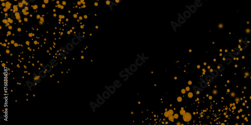 Abstract background with gold glitter on black, gold paint splatter on a black  elegant decoration for celebrations, with falling confetti and light effects, Defocused lights with a beam of light.