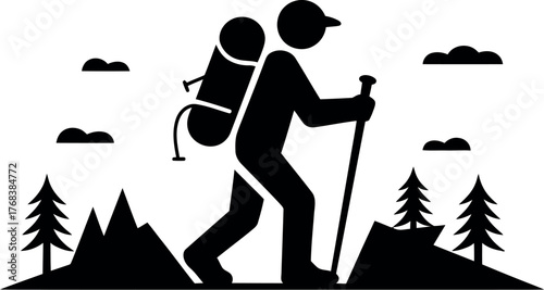 A silhouette of a hiker with a backpack and trekking poles walks through a mountainous landscape.