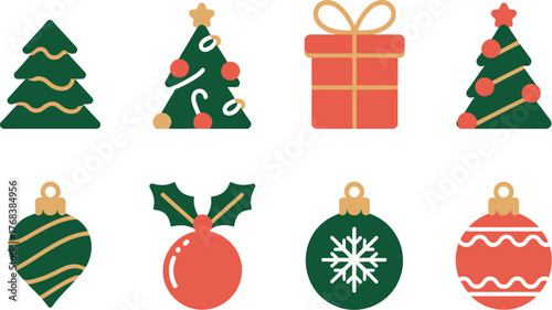 A collection of festive Christmas decorations including trees, gifts, and ornaments.