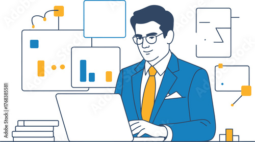 A businessman in a suit works on a laptop with charts and diagrams in the background.